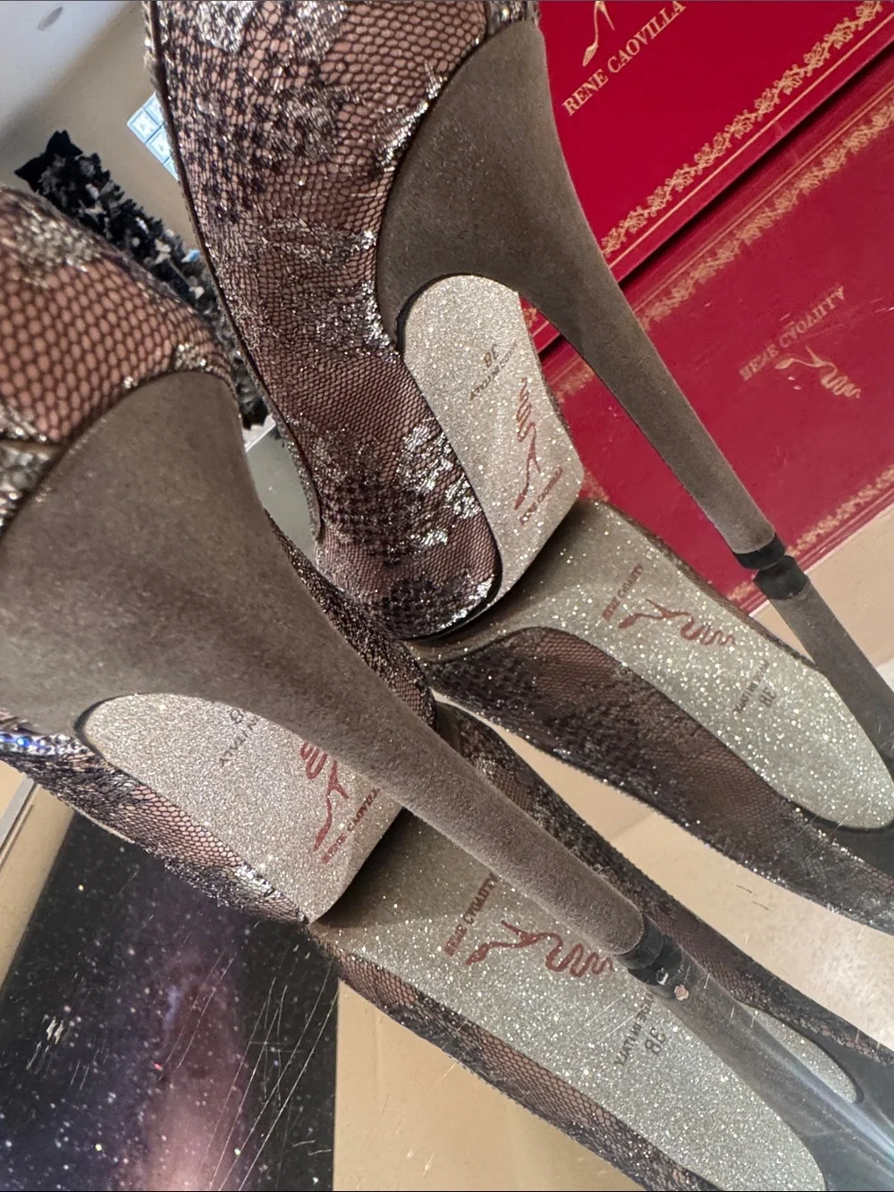Rene Caovilla Silver Lace Crystal Peep Toe Pump
